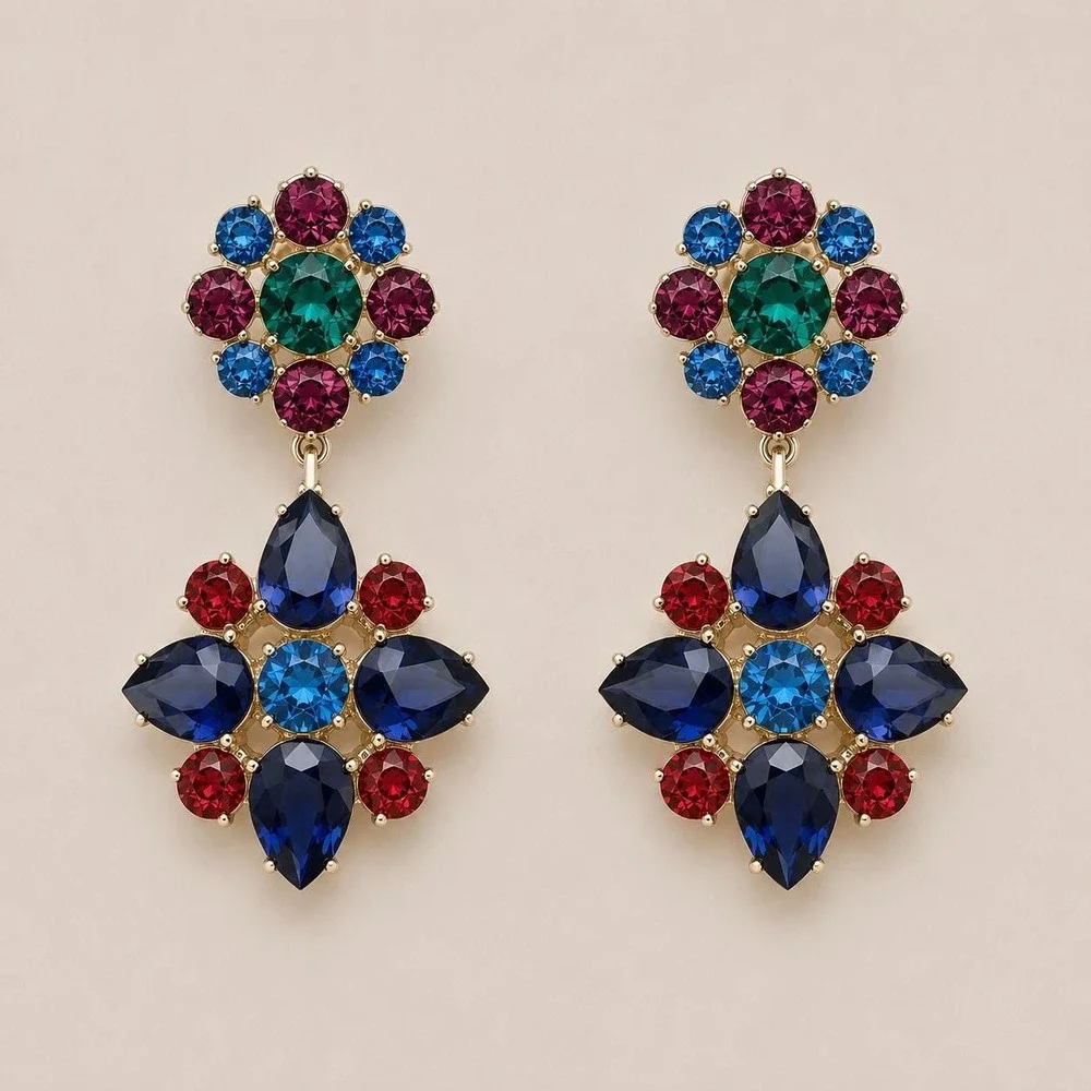 Vintage Y2K Monet Multicolor Crystal Statement Earrings Sample One of a Kind